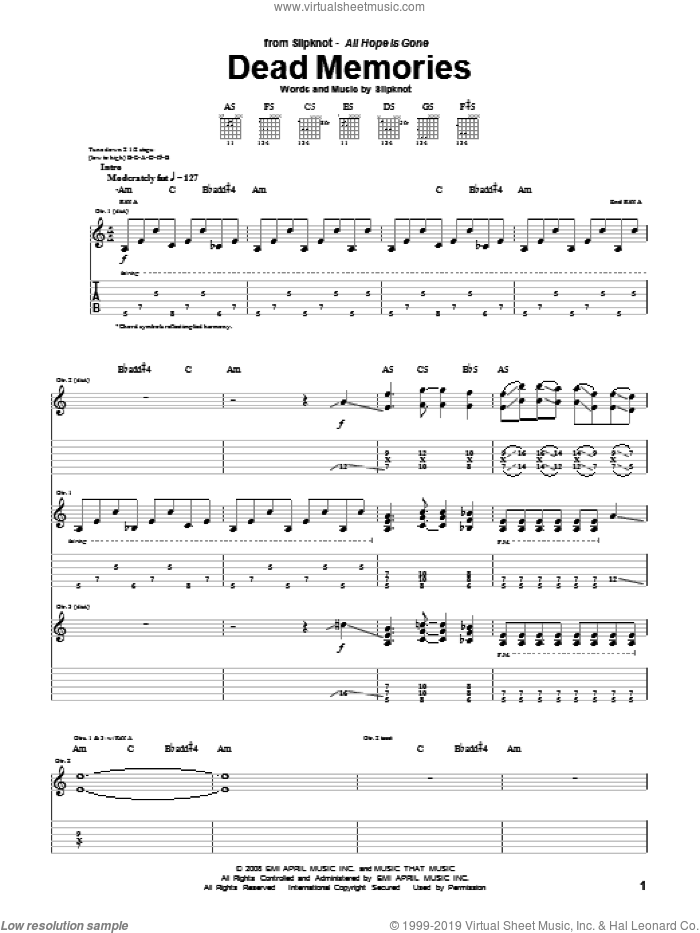 Dead Memories sheet music for guitar (tablature) by Slipknot, intermediate skill level