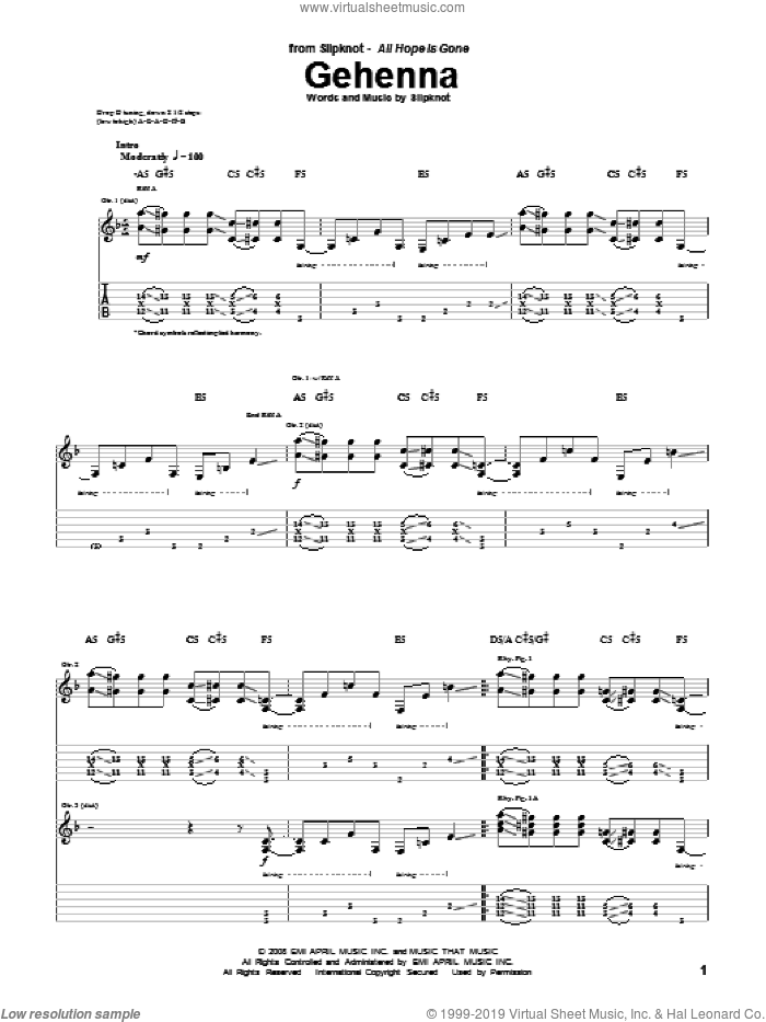 Gehenna sheet music for guitar (tablature) by Slipknot, intermediate skill level