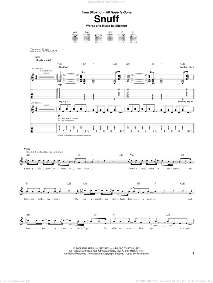 Snuff sheet music for guitar (tablature) by Slipknot, intermediate skill level