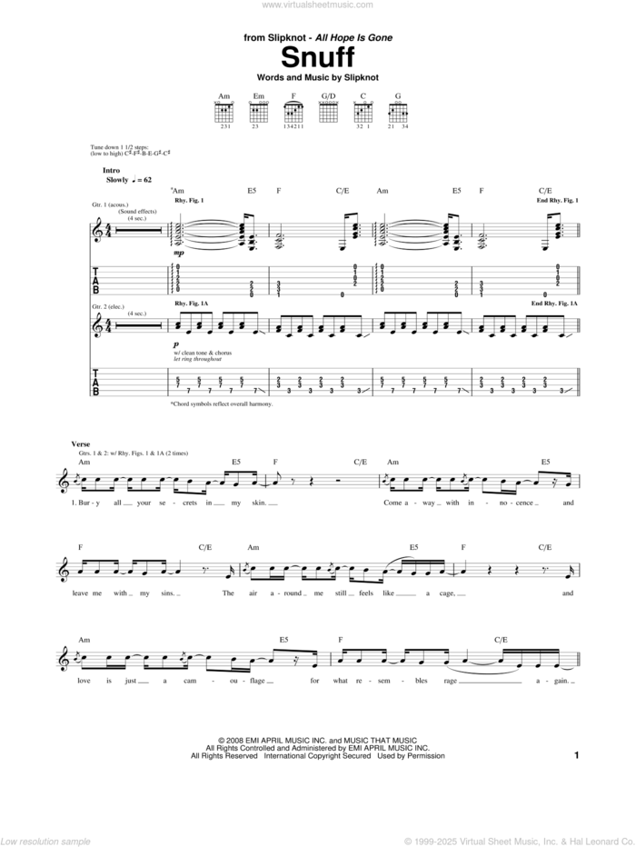 Snuff sheet music for guitar (tablature) by Slipknot, intermediate skill level