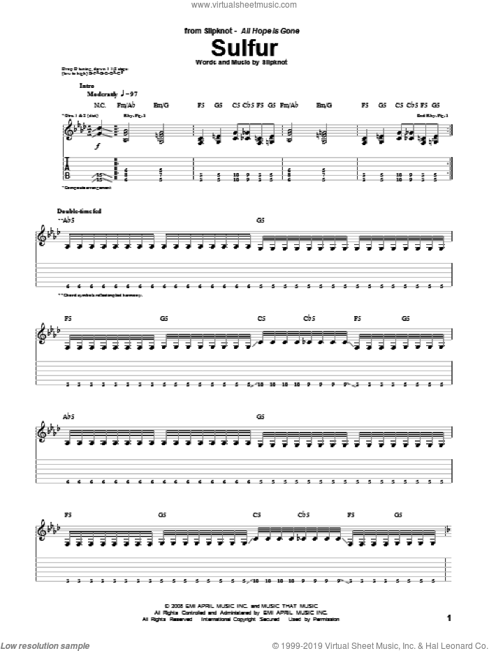 Sulfur sheet music for guitar (tablature) by Slipknot, intermediate skill level