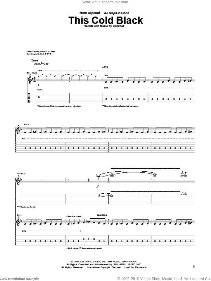 This Cold Black sheet music for guitar (tablature) by Slipknot, intermediate skill level
