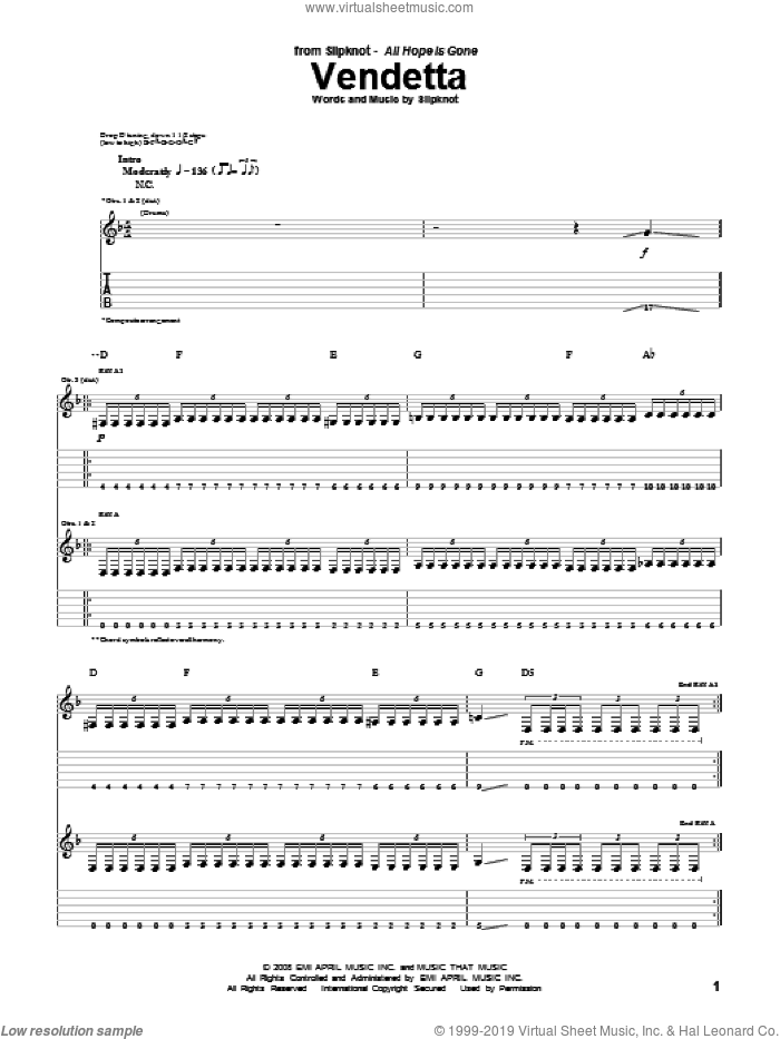 Vendetta sheet music for guitar (tablature) by Slipknot, intermediate skill level