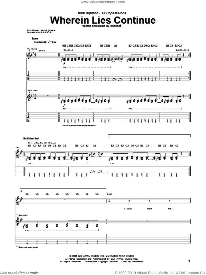 Wherein Lies Continue sheet music for guitar (tablature) by Slipknot, intermediate skill level