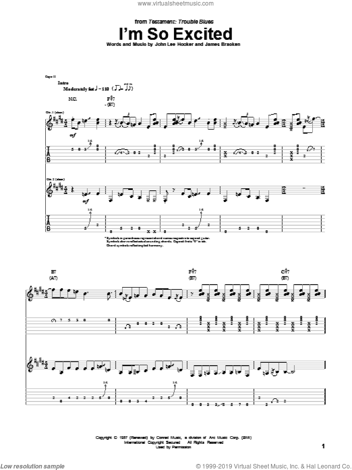 I'm So Excited sheet music for guitar (tablature) by John Lee Hooker and James Bracken, intermediate skill level