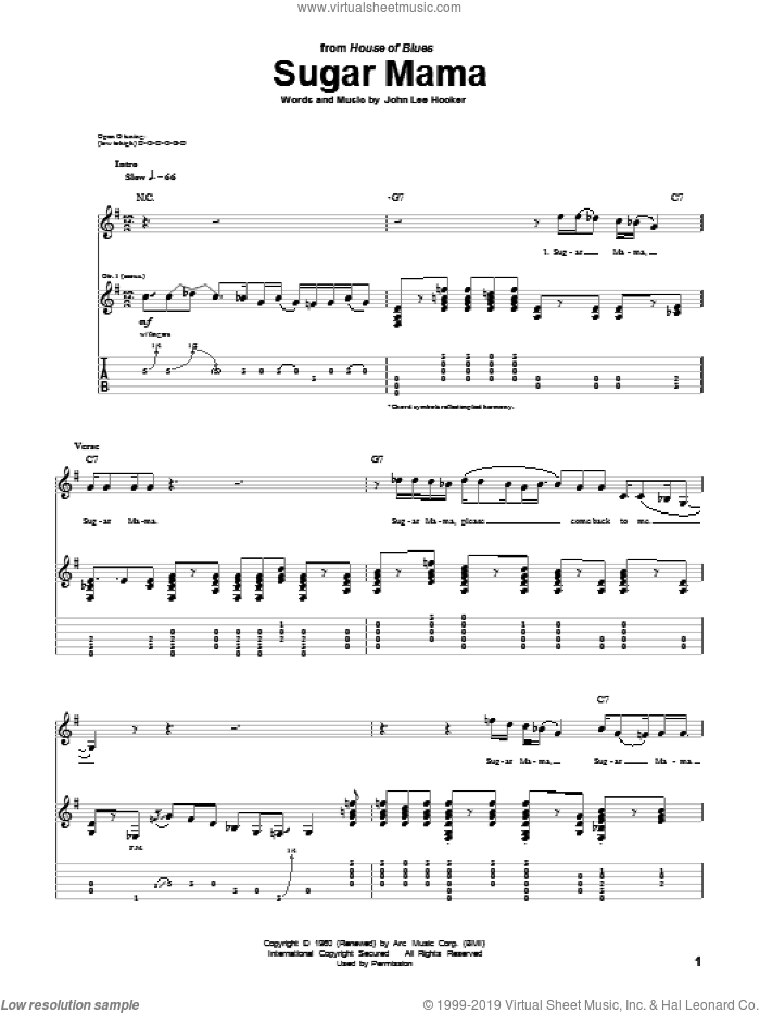 Sugar Mama sheet music for guitar (tablature) by John Lee Hooker, intermediate skill level