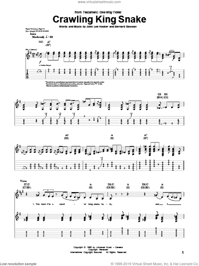 Crawling King Snake sheet music for guitar (tablature) by John Lee Hooker, The Doors and Bernard Besman, intermediate skill level