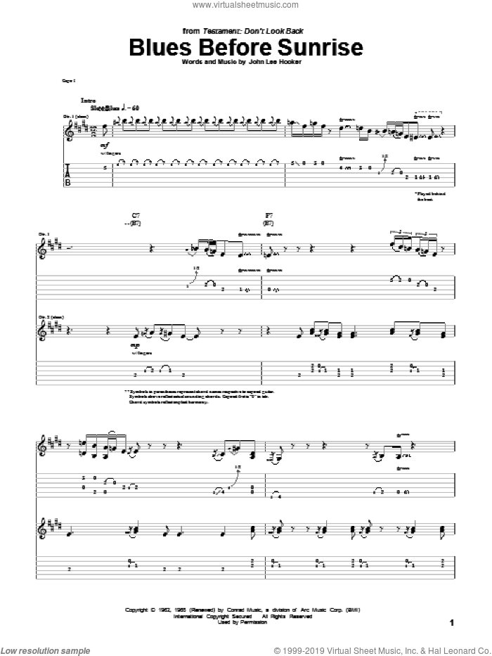 Blues Before Sunrise sheet music for guitar (tablature) by John Lee Hooker, intermediate skill level