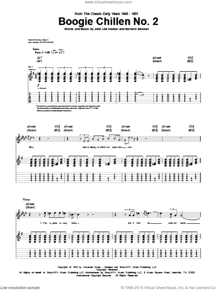 Boogie Chillen No. 2 sheet music for guitar (tablature) by John Lee Hooker and Bernard Besman, intermediate skill level