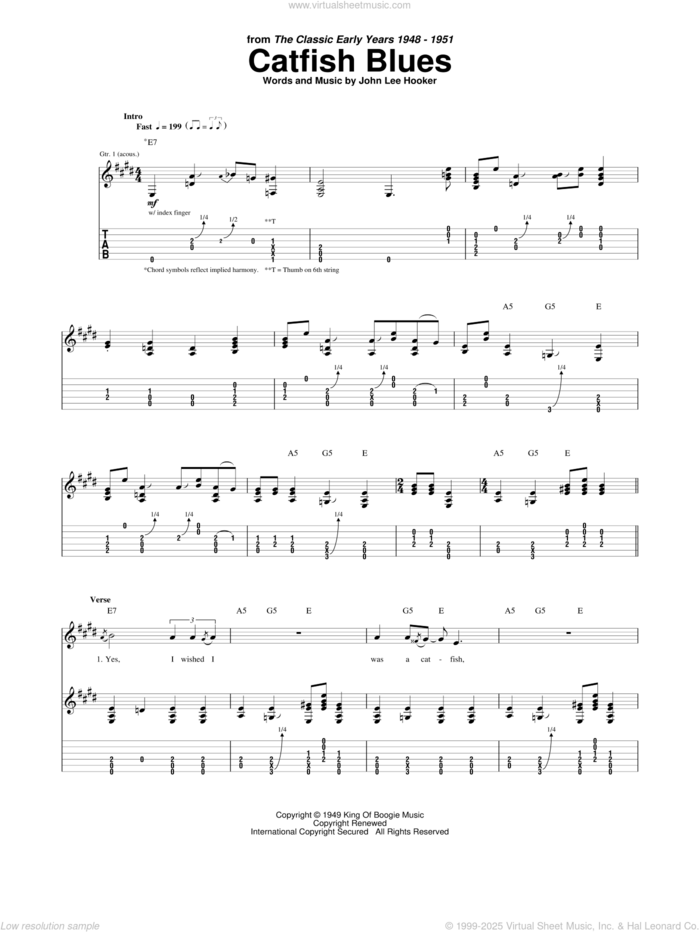 Catfish Blues sheet music for guitar (tablature) by John Lee Hooker, intermediate skill level