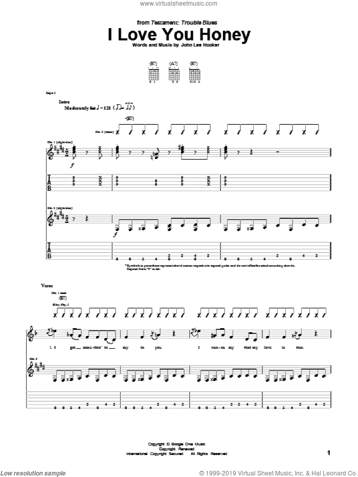 I Love You Honey sheet music for guitar (tablature) by John Lee Hooker, intermediate skill level