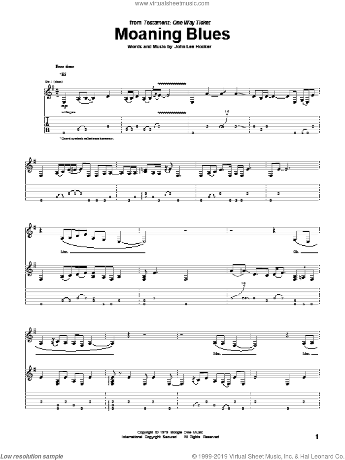 Moaning Blues sheet music for guitar (tablature) by John Lee Hooker, intermediate skill level