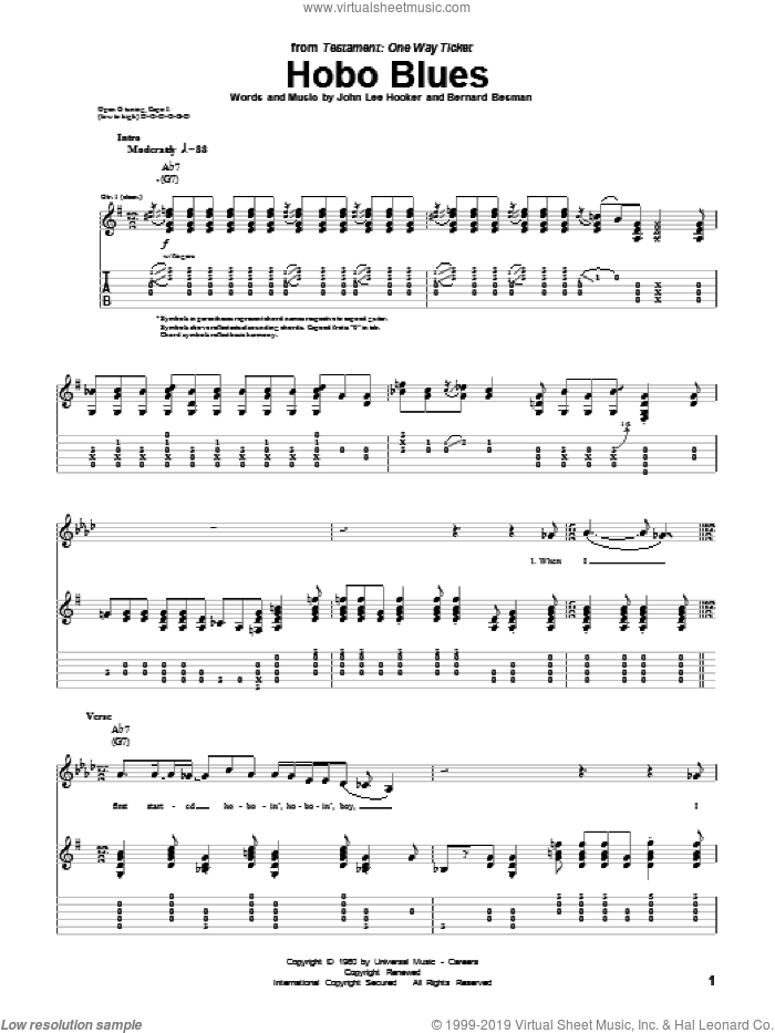 Hobo Blues sheet music for guitar (tablature) by John Lee Hooker and Bernard Besman, intermediate skill level