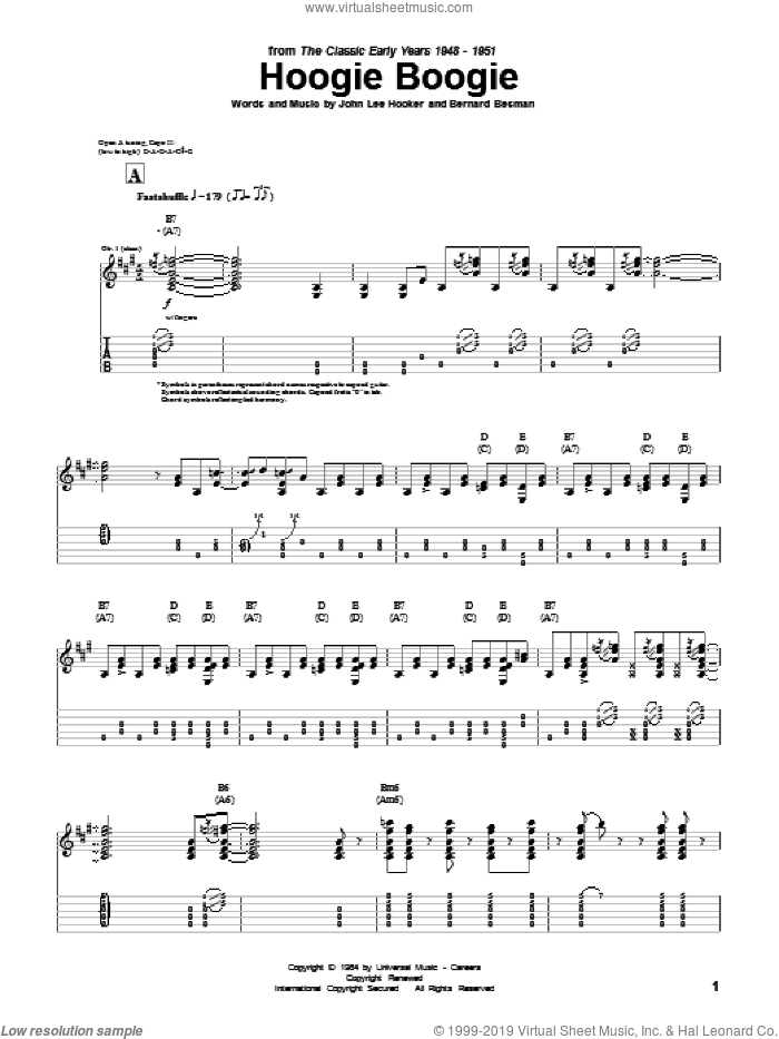 Hoogie Boogie sheet music for guitar (tablature) by John Lee Hooker and Bernard Besman, intermediate skill level