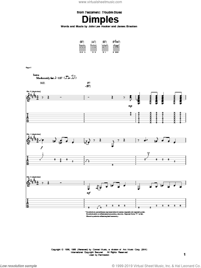 Dimples sheet music for guitar (tablature) by John Lee Hooker and James Bracken, intermediate skill level
