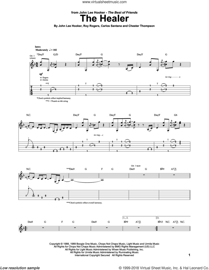 The Healer sheet music for guitar (tablature) by John Lee Hooker, Carlos Santana and Roy Rogers, intermediate skill level