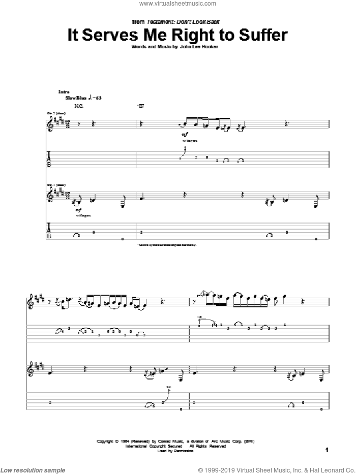 It Serves Me Right To Suffer sheet music for guitar (tablature) by John Lee Hooker, intermediate skill level
