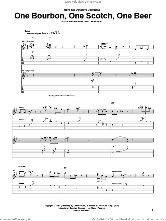 One Bourbon, One Scotch, One Beer sheet music for guitar (tablature) by John Lee Hooker and George Thorogood & The Destroyers, intermediate skill level