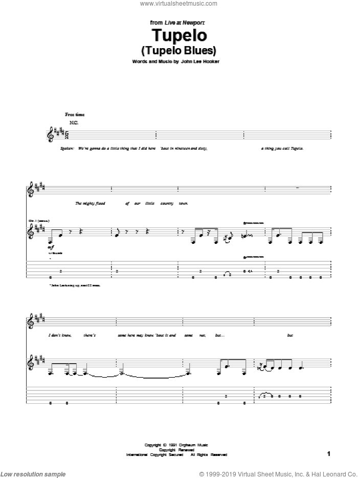 Tupelo (Tupelo Blues) sheet music for guitar (tablature) by John Lee Hooker, intermediate skill level