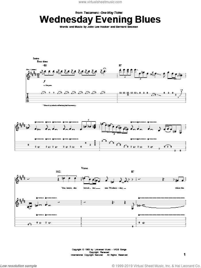 Wednesday Evening Blues sheet music for guitar (tablature) by John Lee Hooker and Bernard Besman, intermediate skill level