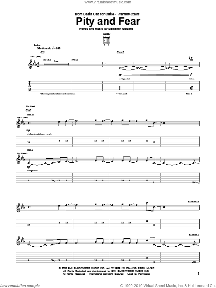 Pity And Fear sheet music for guitar (tablature) by Death Cab For Cutie and Benjamin Gibbard, intermediate skill level