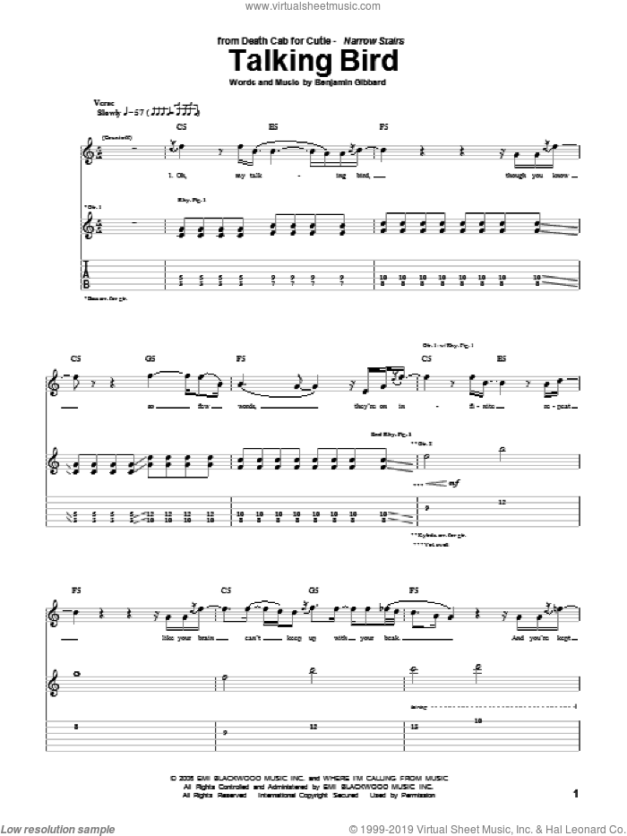 Talking Bird sheet music for guitar (tablature) by Death Cab For Cutie and Benjamin Gibbard, intermediate skill level
