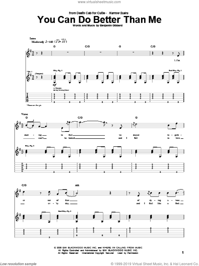 You Can Do Better Than Me sheet music for guitar (tablature) by Death Cab For Cutie and Benjamin Gibbard, intermediate skill level