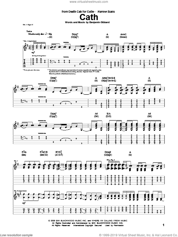 Cath sheet music for guitar (tablature) by Death Cab For Cutie and Benjamin Gibbard, intermediate skill level