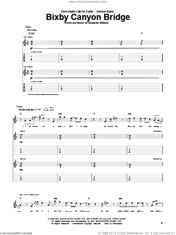 Bixby Canyon Bridge sheet music for guitar (tablature) by Death Cab For Cutie and Benjamin Gibbard, intermediate skill level