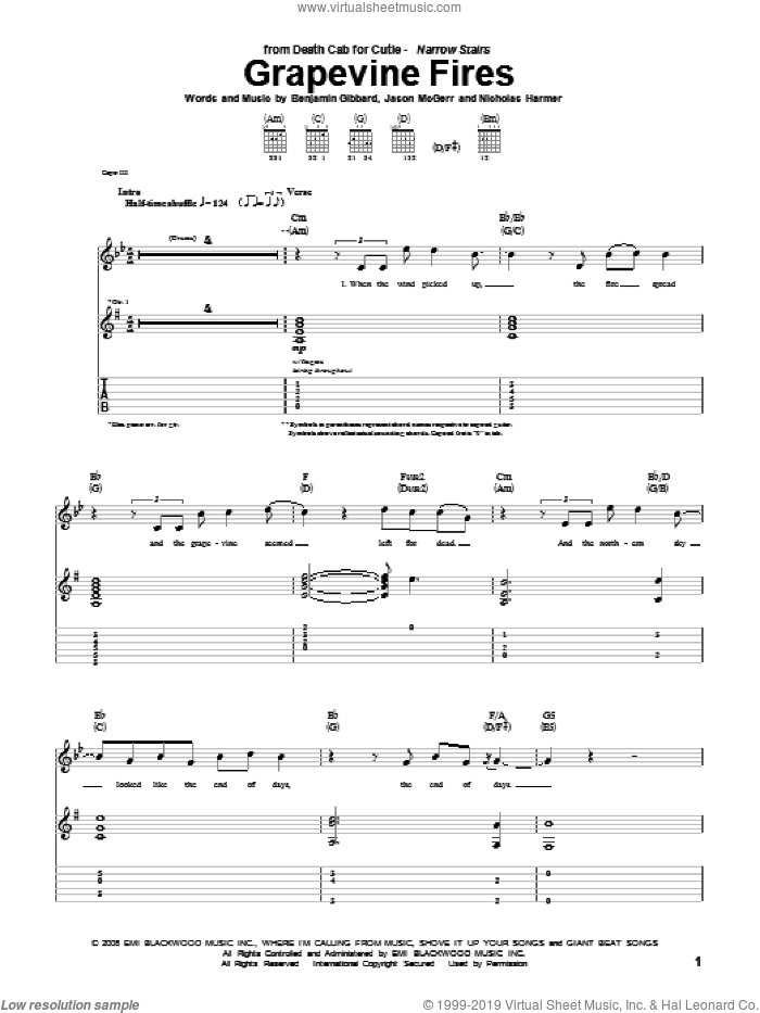 Grapevine Fires sheet music for guitar (tablature) by Death Cab For Cutie, Benjamin Gibbard, Jason McGerr and Nicholas Harmer, intermediate skill level