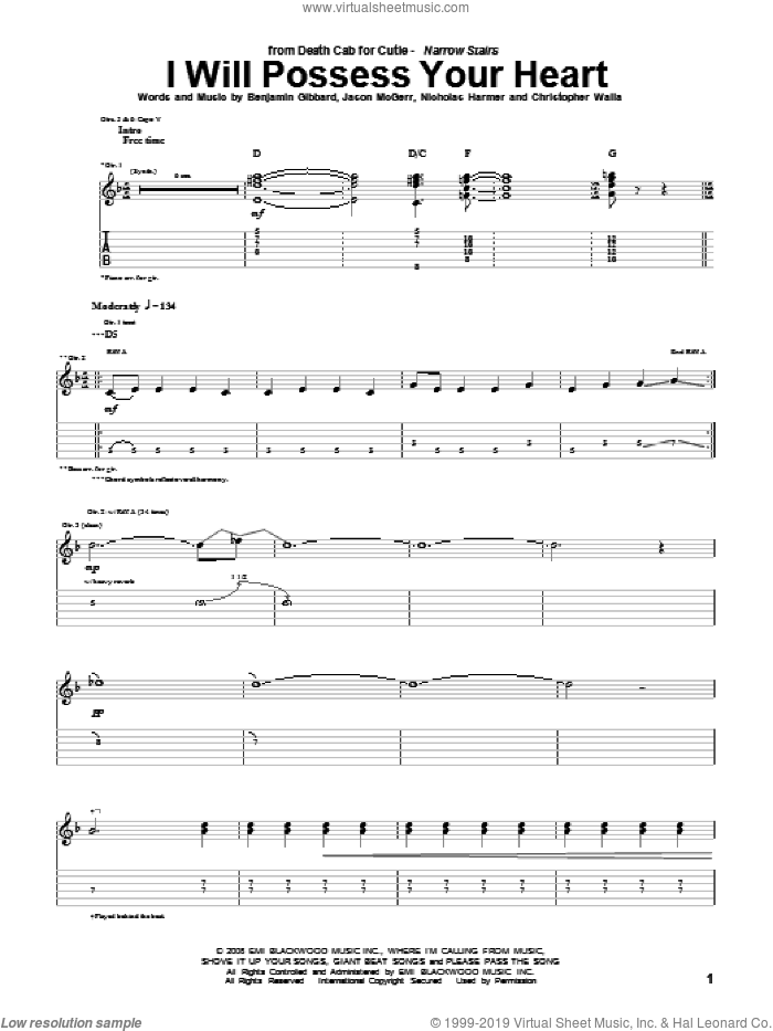 I Will Possess Your Heart sheet music for guitar (tablature) by Death Cab For Cutie, Benjamin Gibbard, Christopher Walla, Jason McGerr and Nicholas Harmer, intermediate skill level