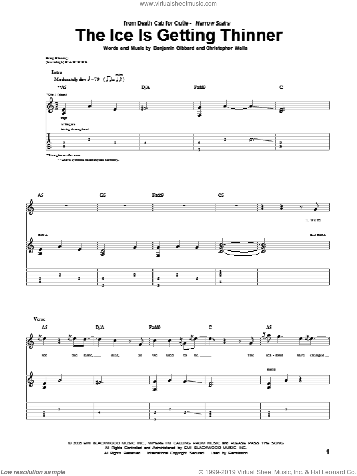 The Ice Is Getting Thinner sheet music for guitar (tablature) by Death Cab For Cutie, Benjamin Gibbard and Christopher Walla, intermediate skill level