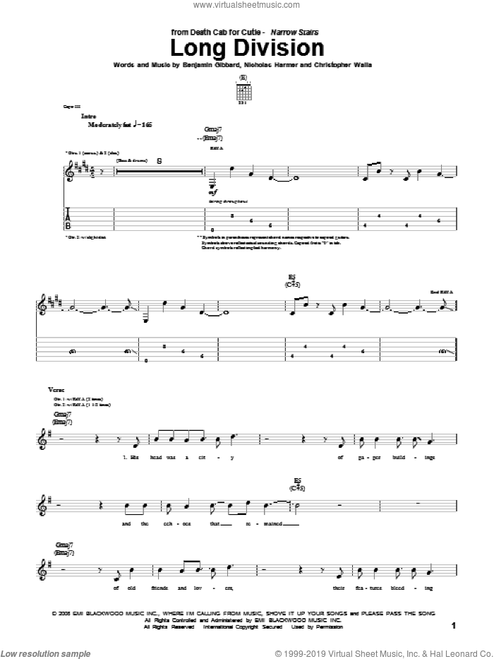 Long Division sheet music for guitar (tablature) by Death Cab For Cutie, Benjamin Gibbard, Christopher Walla and Nicholas Harmer, intermediate skill level