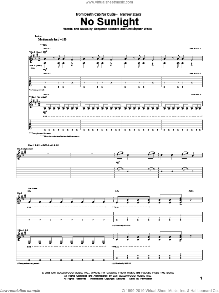 No Sunlight sheet music for guitar (tablature) by Death Cab For Cutie, Benjamin Gibbard and Christopher Walla, intermediate skill level