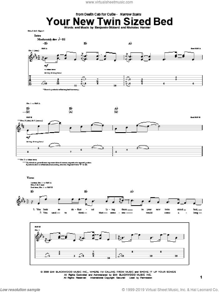 Your New Twin Sized Bed sheet music for guitar (tablature) by Death Cab For Cutie, Benjamin Gibbard and Nicholas Harmer, intermediate skill level