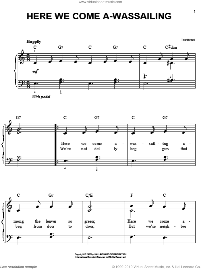 Here We Come A-Wassailing, (easy) sheet music for piano solo, easy skill level
