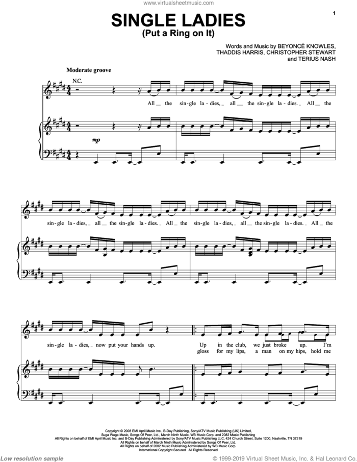 Single Ladies (Put A Ring On It) sheet music for voice, piano or guitar by Beyonce, Alvin And The Chipmunks: The Squeakquel (Movie), Christopher Stewart, Terius Nash and Thaddis Harrell, intermediate skill level