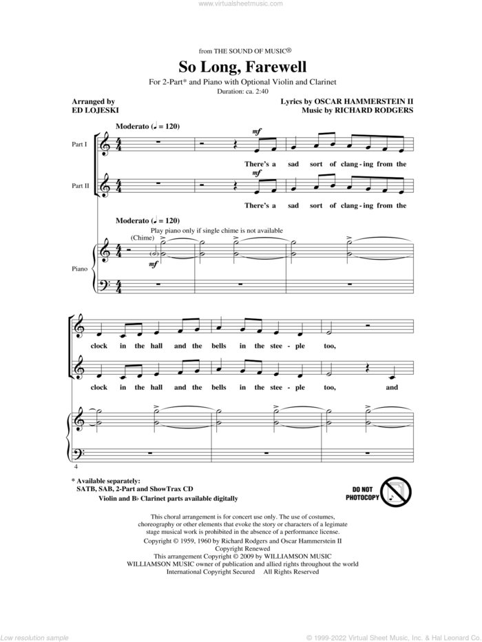 So Long, Farewell (from The Sound Of Music) sheet music for choir (2-Part) by Richard Rodgers, Oscar II Hammerstein and Ed Lojeski, intermediate duet