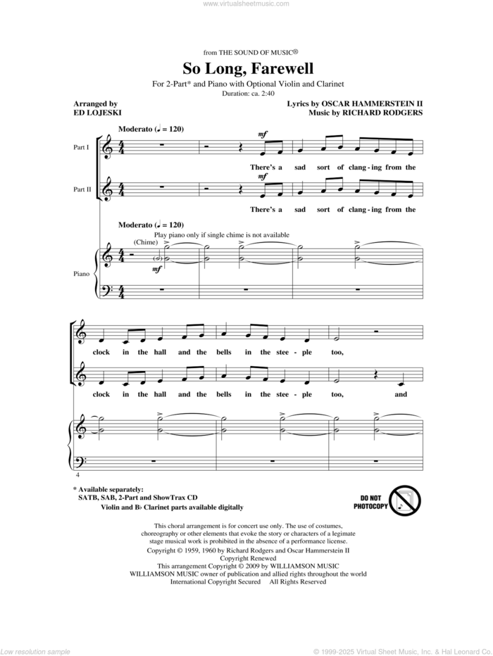 So Long, Farewell (from The Sound Of Music) sheet music for choir (2-Part) by Richard Rodgers, Oscar II Hammerstein and Ed Lojeski, intermediate duet