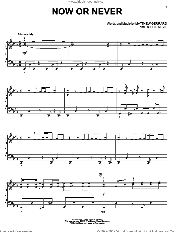Now Or Never sheet music for piano solo by High School Musical 3, Matthew Gerrard and Robbie Nevil, intermediate skill level