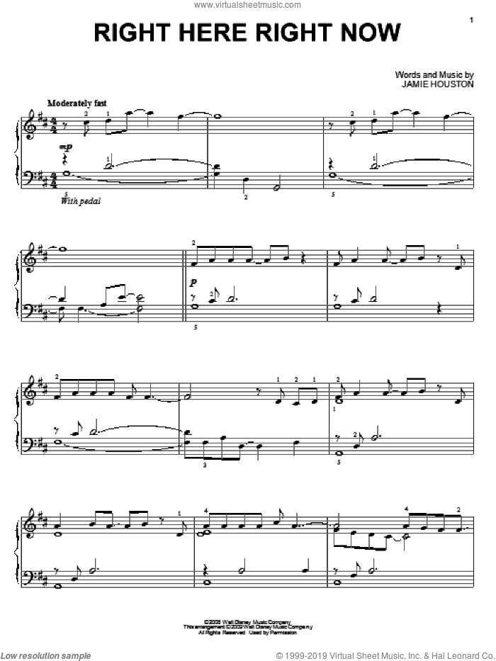 Right Here Right Now, (intermediate) sheet music for piano solo by High School Musical 3 and Jamie Houston, intermediate skill level