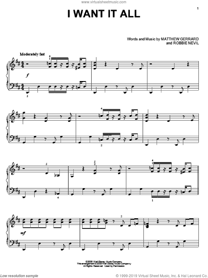 I Want It All, (intermediate) sheet music for piano solo by High School Musical 3, Matthew Gerrard and Robbie Nevil, intermediate skill level