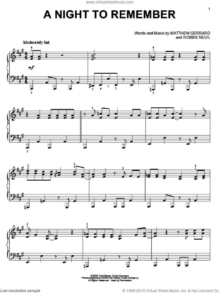 A Night To Remember, (intermediate) sheet music for piano solo by High School Musical 3, Matthew Gerrard and Robbie Nevil, intermediate skill level