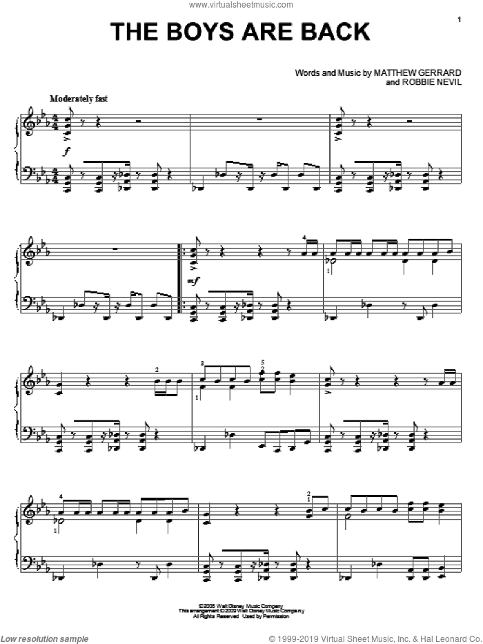 The Boys Are Back sheet music for piano solo by High School Musical 3, Matthew Gerrard and Robbie Nevil, intermediate skill level