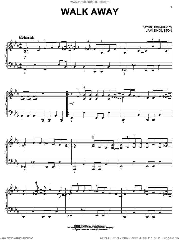 Walk Away sheet music for piano solo by High School Musical 3 and Jamie Houston, intermediate skill level