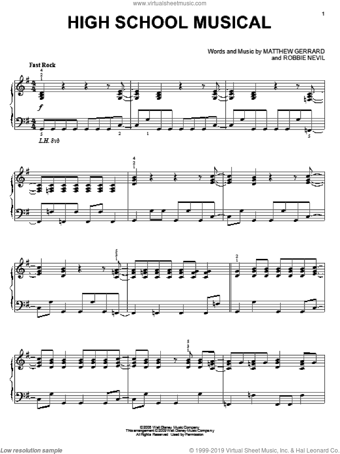 High School Musical, (intermediate) sheet music for piano solo by High School Musical 3, Matthew Gerrard and Robbie Nevil, intermediate skill level