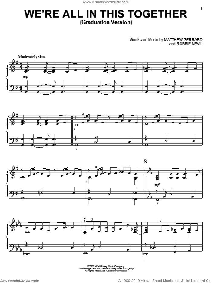 We're All In This Together (Graduation Version) (from High School Musical 3: Senior Year) sheet music for piano solo by High School Musical 3 Cast, High School Musical 3, Matthew Gerrard and Robbie Nevil, intermediate skill level