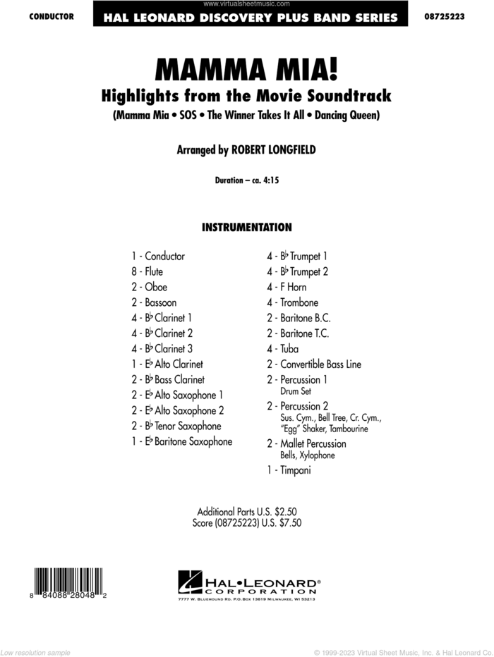 Mamma Mia!, highlights from the movie soundtrack sheet music for concert band (full score) by ABBA and Robert Longfield, intermediate skill level