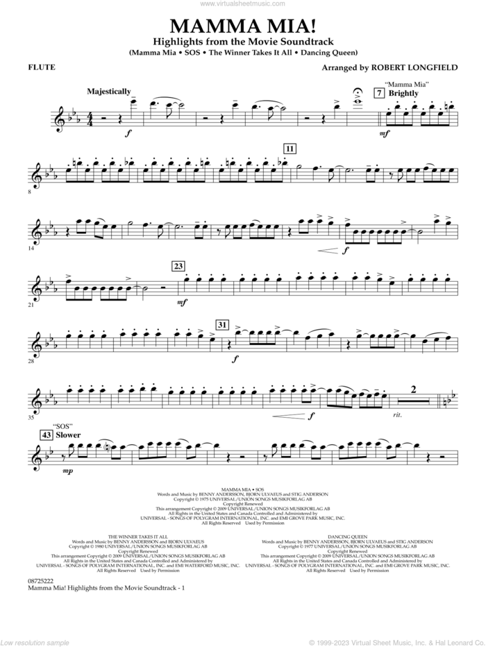 Mamma Mia!, highlights from the movie soundtrack sheet music for concert band (flute) by ABBA and Robert Longfield, intermediate skill level