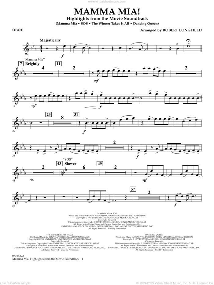 Mamma Mia!, highlights from the movie soundtrack sheet music for concert band (oboe) by ABBA and Robert Longfield, intermediate skill level